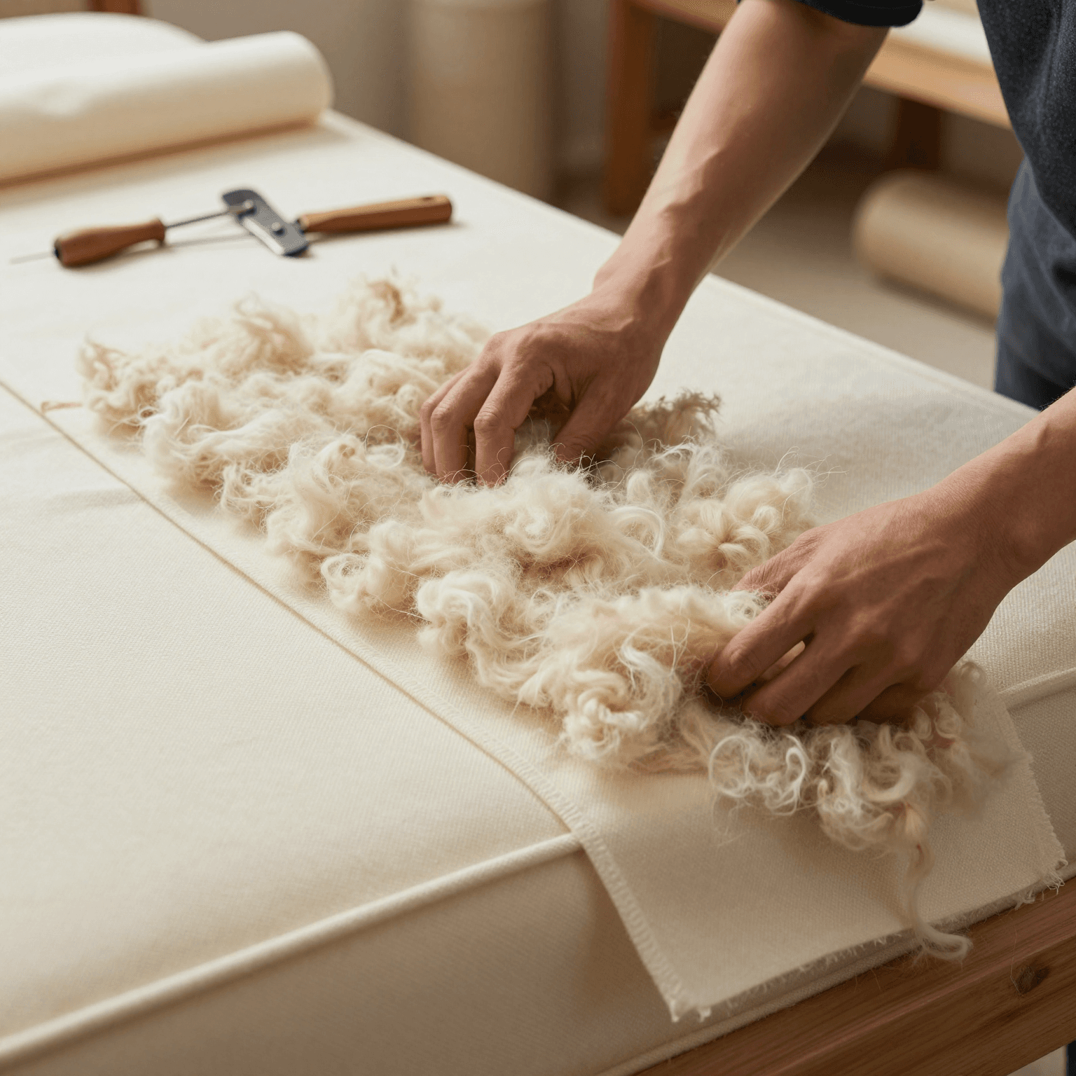 Matelas en laine artisanal fabriqué à la main dans un atelier traditionnel
